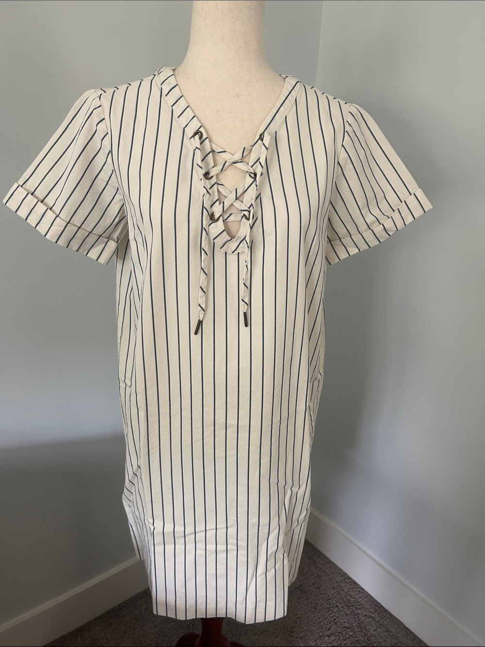 Madewell White Shirt Dress with Navy Pinstripes